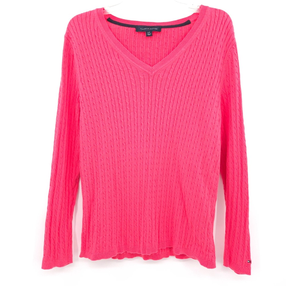 Tommy Hilfiger Cable Knit Sweater Womens L Pink V-Neck Cotton Long‎ Sleeve